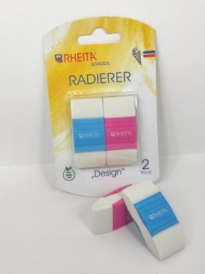RHEITA Design Radierer, 2 Stück auf Blisterkarte, farblich sortiert, PVC-frei, 55 x 23 x 14mm