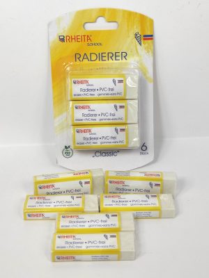 RHEITA Radierer, weiß, 6 Stück auf Blisterkarte, mit Banderole aus Papier, PVC-frei 62 x 22 x 10 mm