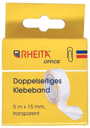 RHEITA Doppelseitiges Klebeband 5 m x 15 mm, in Pappschachel mit Eurolochung