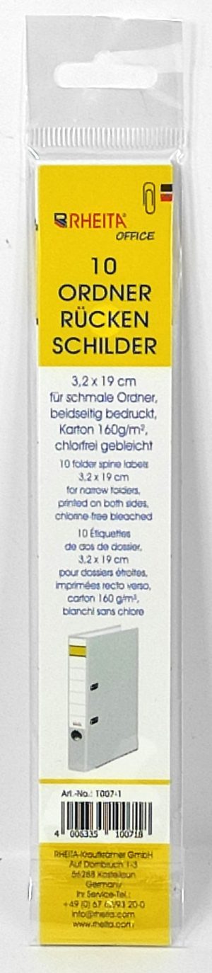 RHEITA Ordner-Rückenschilder 3,9 x 19 cm, für schmale Ordner, beidseitig bedruckt, Karton 160 g/m², chlorfrei gebleicht, 10 Stück im Beutel