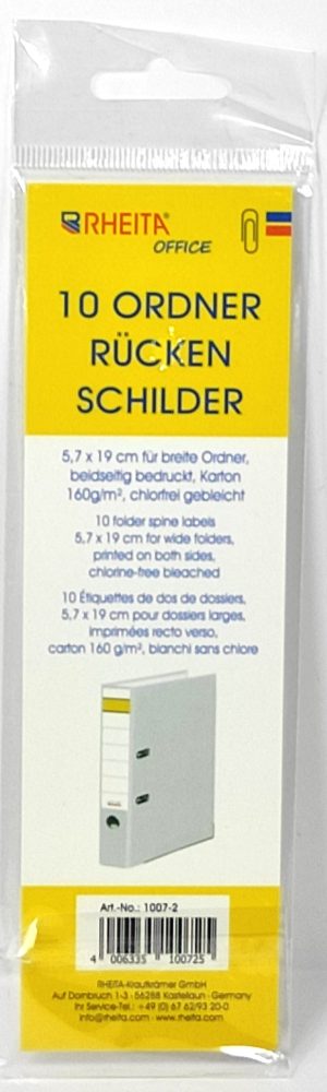 RHEITA Ordner-Rückenschilder 5,7 x 19 cm, für breite Ordner, beidseitig bedruckt, Karton 160 g/m², chlorfrei gebleicht, 10 Stück im Beutel
