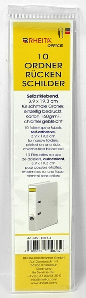 RHEITA Ordner-Rückenschilder 3,9 x 19,3 cm, SELBSTKLEBEND, für schmale Ordner, einseitig bedruckt, chlorfrei gebleicht, 10 Stück im Beutel