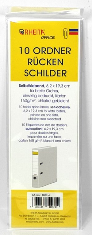 RHEITA Ordner-Rückenschilder 6,2 x 19,3 cm, SELBSTKLEBEND, für breite Ordner, einseitig bedruckt, chlorfrei gebleicht, 10 Stück im Beutel