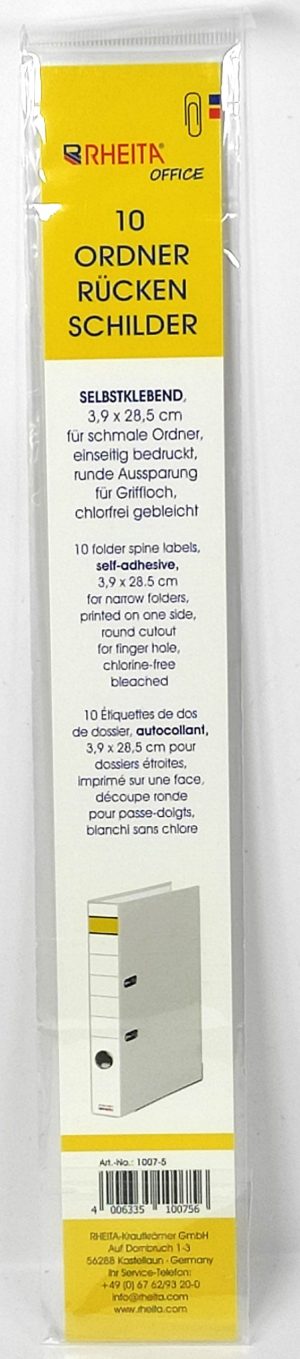RHEITA Ordner-Rückenschilder 3,9 x 28,5 cm, SELBSTKLEBEND, für schmale Ordner, einseitig bedruckt, runde Aussparung für Griffloch, chlorfrei gebleicht, 10 Stück im Beutel
