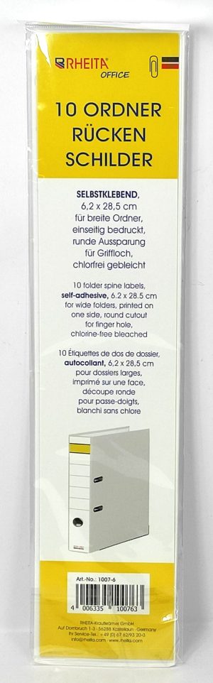 RHEITA Ordner-Rückenschilder 6,2 x 28,5 cm, SELBSTKLEBEND, für breite Ordner, einseitig bedruckt, runde Aussparung für Griffloch, chlorfrei gebleicht, 10 Stück im Beutel