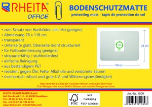 RHEITA Bodenschutzmatte zum Schutz von Hartböden aller Art, Abmessung: 78 x 118 cm, transparent, Unterseite glatt, Oberseite leicht strukturiert, für Fußbodenheizung geeignet, strapazierfähig, aus beständigem PET