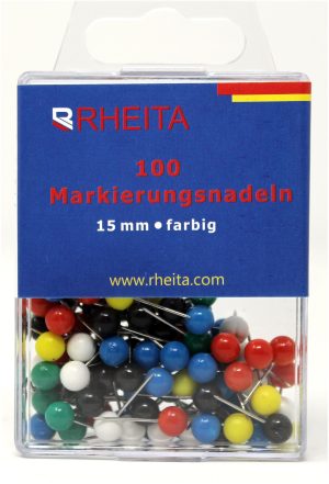 RHEITA Markierungsnadeln 15 mm, farblich sortiert, 100 Stück in Klarsichtbox mit Eurolochung