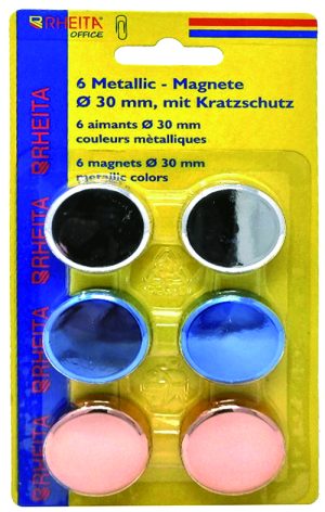 RHEITA Magnete-Metallic 30 mm rund mit Kratzschutz, 3 verschiedene Metallicfarben, 6 Stück auf Blisterkarte