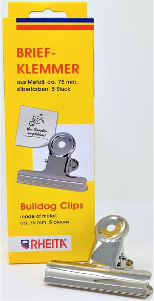 RHEITA Briefklemmer aus Metall, ca. 75 x 17 mm, silber, 5 Stück in Hängeschachtel