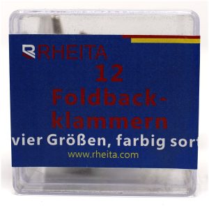 RHEITA Foldback-Klammern diverse Größen und farblich sortiert, 12 Stück in Klarsichtbox