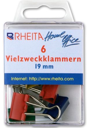 RHEITA Foldback-Klammern 19 mm, farblich sortiert, 6 Stück in Klarsichtbox