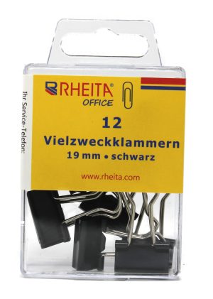 RHEITA Foldback-Klammern 19 mm, schwarz, 12 Stück in Klarsichtbox