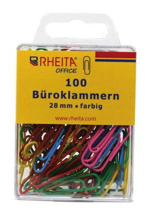 RHEITA Briefklammern 28 mm, farblich sortiert, 100 Stück in Klarsichtbox