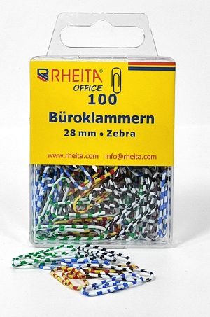 RHEITA Briefklammern 28 mm, farblich sortiert, "ZEBRA" 100 Stück in Klarsichtbox