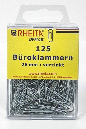 RHEITA Büroklammern, 26 mm, vernickelt, 125 Stück in Klarsichtbox