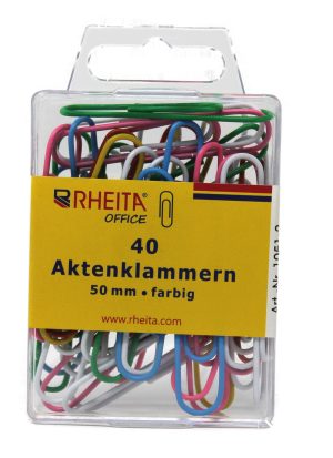 RHEITA Aktenklammern 50 mm, farblich sortiert, 40 Stück in Klarsichtbox