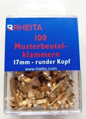 RHEITA Musterbeutelklammern 17 mm, messing, 100 Stück in Klarsichtbox