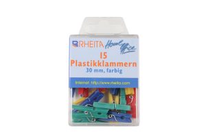 RHEITA Plastikklammern 30 mm, farblich sortiert, 15 Stück in Klarsichtbox