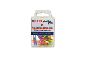RHEITA Plastikklammern 30 mm, farblich transparent sortiert, 15 Stück in Klarsichtbox