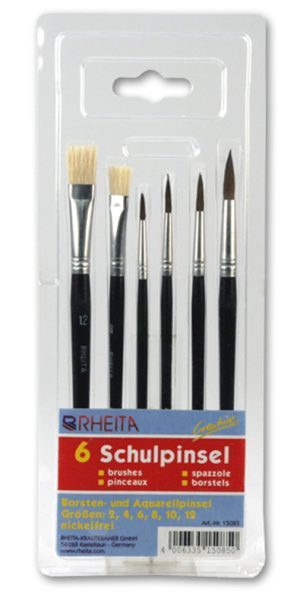 RHEITA Schulpinsel-Set 6-teilig 2 Borstenpinsel Gr. 8-12 und 4 Aquarellpinsel Gr. 2-4-6-10,schwarz,in Klarsichtetui