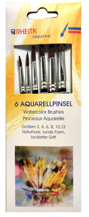RHEITA Aquarellpinsel-Set 6-teilig Größen 2-4-6-8-10-12, schwarz, spitze Form aus Naturhaar, Pappschachtel