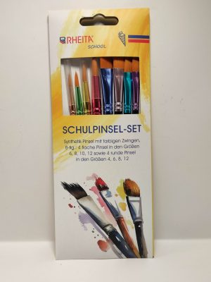 RHEITA Schulpinselset, Synthetik-Pinsel mit farbigen Zwingen, 8-tlg: 4 flache Pinsel in den Größen 6,8,10 und 12 sowie 4 runde Pinsel in den Größen 4,6,8 und 12, in Pappschachtel