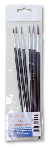 RHEITA Aquarellpinsel-Set 6-teilig Größe 2-3-4-5-6-8, schwarz, spitze Form aus Naturhaar in Klarsichtetui