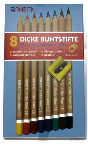 RHEITA Jumbo-Buntstifte, naturbelassen, Mine 6 mm, hexagonal, mit Einfachspitzer, 8 Stück in Pappetui