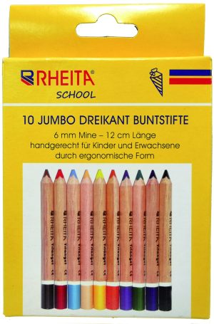 RHEITA Jumbo-Buntstifte kurz 12 cm lang,  naturbelassen, Mine 6 mm, triagonal, 10 Stück im Pappetui