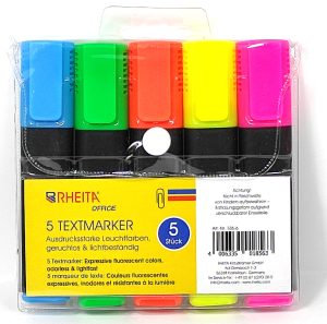 RHEITA Textmarker-Set mit Keilspitze, 5 verschiedene Farben, im Etui