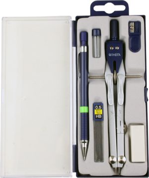 RHEITA Schnellverstellzirkelset 6-tlg bestehend aus Zirkel, blau/silber, Ersatzmine, Spitzer, Radierer, Druckbleistift, 12 Minen 0.5 HB