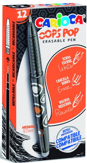 CARIOCA Oops Pop radierbarer Tintenroller, 12 Stück schwarz, 0,7mm Spitze