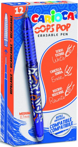 CARIOCA Oops Pop radierbarer Tintenroller, 12 Stück blau, 0,7mm Spitze