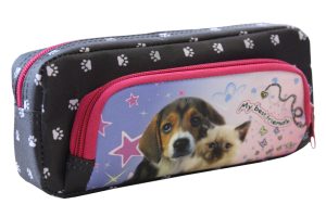 RHEITA Schlamperrolle eckig mit Seitenfach, schwarz, mit Motiv "Hund & Katze", abwaschbares Material
