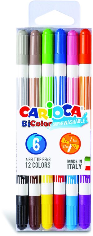 CARIOCA Bi-Color Fasermaler 6 Stück, 4,7mm Spitze, 2 Farben pro Stift