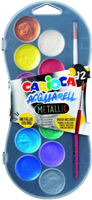 CARIOCA Metallic Farbkasten mit 12 Farben und Pinsel, spezielle für schwarze Untergründe