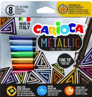 CARIOCA Metallic Fasermaler 8 Stück, schmale Spitze, Tinte auf Wasserbasis, lichtecht, recycelter Kunststoff