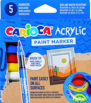 CARIOCA Acrylic-Marker mit Pinsel-Spitze die nicht austrocknet, Stifte starten sofort, Tinte auf Wasserbasis, 5er Set