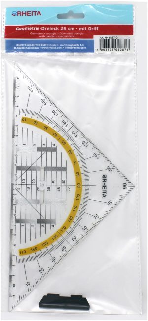 RHEITA Geodreieck aus Kunststoff mit Griff, transparent, 25 cm