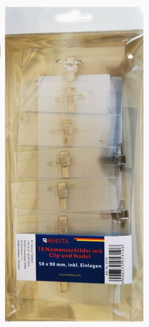 RHEITA Namens-oder Visitenkartenschilder mit Clip und Nadel, aus PVC, transparent, 57 x 90 mm, 10er Pack