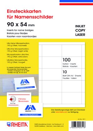 RHEITA Einsteckkarten für Namensschilder, 100 Stück auf 10 Bögen DIN A 4 mit je 10 Karten, 85 x 54 mm