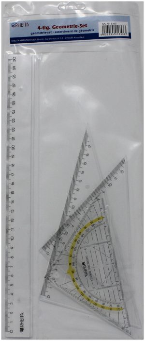 RHEITA Zeichenset 4tlg, transparent, bestehend aus Lineal: 30 cm, rechter Winkel: 30/60°,rechter Winkel: 45°,Geodreieck: 16 cm