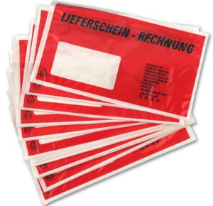 RHEITA Begleitpapiertaschen aus PE, rot, DL mit Aufdruck  selbstklebend, 100 Stück im Polybeutel