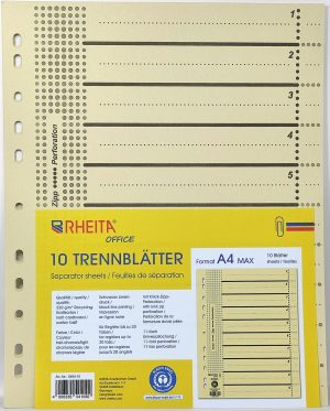RHEITA 10 Stück Trennblätter mit Einzel EAN auf jedem Blatt, DIN A4XL, 230 g/m² Recycling-Kraftkarton (Blauer Engel zertifiziert), hell-chamois mit Organisationsdruck (schwarz), für Register bis 20 Taben (10 Taben praktischer Knick-Zipp-Perforation), 11-fach Universallochung