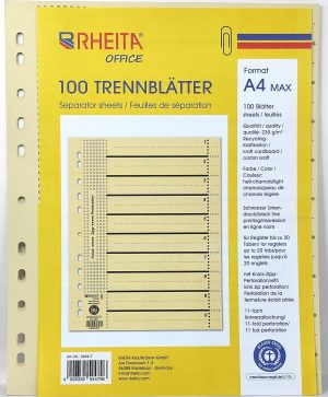 RHEITA 100 Stück Trennblätter mit Einzel EAN auf jedem Blatt, DIN A4XL, 230 g/m² Recycling-Kraftkarton (Blauer Engel zertifiziert), hell-chamois mit Organisationsdruck (schwarz), für Register bis 20 Taben (10 Taben praktischer Knick-Zipp-Perforation), 11-fach Universallochung