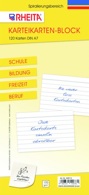 RHEITA Karteikartenblock, liniert, DIN A7, 170g/m², 120 Karten, keine losen Karten mehr