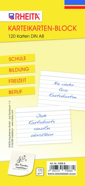 RHEITA Karteikartenblock, liniert, DIN A8, 170g/m², 120 Karten, keine losen Karten mehr