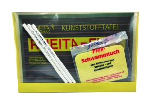 RHEITA Kunststofftafelset (RHEITAFLEX) 6 teilig, Kunststofftafel liniert/kariert, 3 Spezialgriffel, Schwammtuch, Tafelschoner