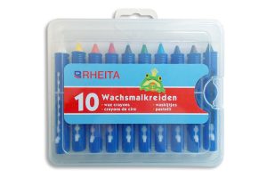 RHEITA Wachsmalkreiden in blauer Schiebehülse, wasserfest, 10 Stück im Kunststoffetui