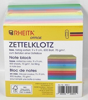 Zettelklotz farbig sortiert, lose, Format: 9 x 9 cm, 800 Blatt, 70g/m², FSC